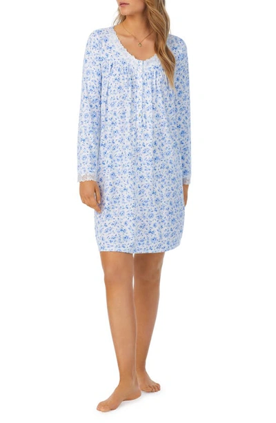 Eileen West Long Sleeve Short Nightgown In White/blue Print