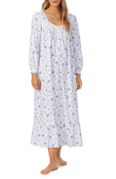 Eileen West Long Sleeve Flannel Ballet Nightgown In White/blue