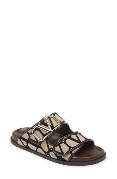 Valentino Garavani Toile Iconograph Double-strap V-logo Slide Sandals In Brown