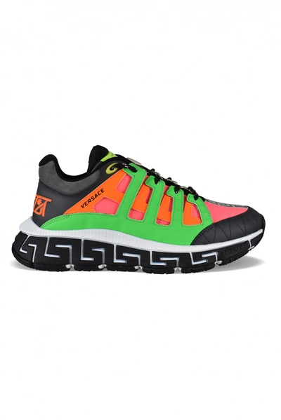 Versace Trainers Luxe Homme   Trigreca Trainers In Red Green And Pink Suede With Greca Soles In Antracitelemefluo