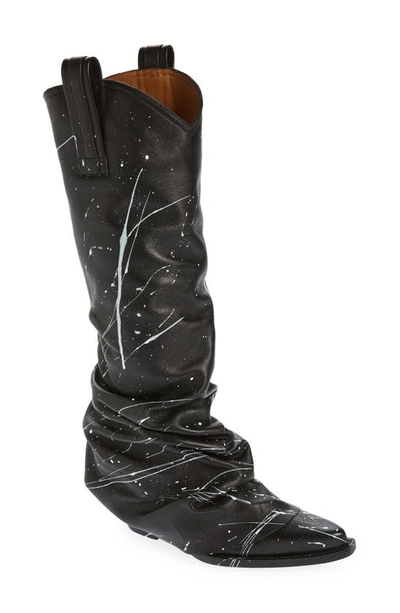 R13 Paint Spatter Sleeve Western Boot In Black Leather W/white Paint
