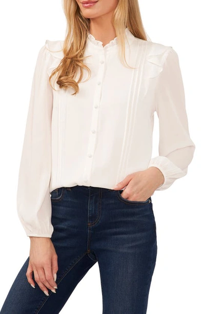 Cece Pintuck Ruffle Button-up Blouse In New Ivory
