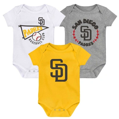 OUTERSTUFF INFANT GOLD/WHITE/HEATHER GRAY SAN DIEGO PADRES BIGGEST LITTLE FAN 3-PACK BODYSUIT SET