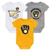 OUTERSTUFF NEWBORN & INFANT GOLD/WHITE/HEATHER GRAY MILWAUKEE BREWERS BIGGEST LITTLE FAN 3-PACK BODYSUIT SET