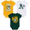 Outerstuff Baby Boys And Girls Gold, Green, White Oakland Athletics Minor League Player Three-pack Bodysuit Set In Gold