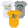 OUTERSTUFF INFANT GOLD/WHITE/HEATHER GRAY OAKLAND ATHLETICS BIGGEST LITTLE FAN 3-PACK BODYSUIT SET