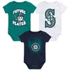 OUTERSTUFF NEWBORN & INFANT AQUA/NAVY/WHITE SEATTLE MARINERS MINOR LEAGUE PLAYER THREE-PACK BODYSUIT SET