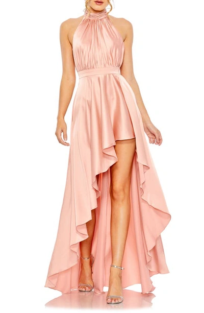 Mac Duggal High Neck Satin High Low Gown In Rose