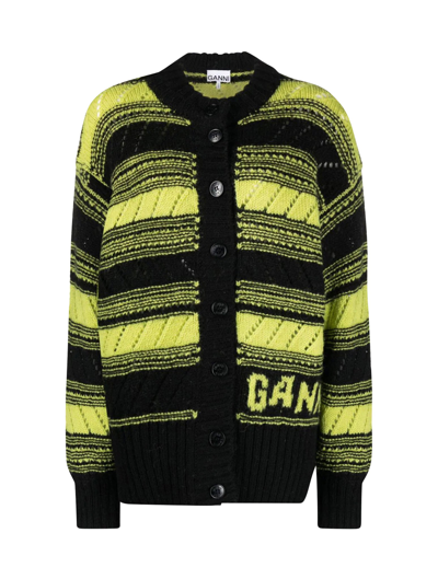 Ganni Organic Wool Striped Cardigan In Black