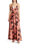 Lulus Tea Gardens Rusty Rose Floral Print Satin Maxi Dress In Pink