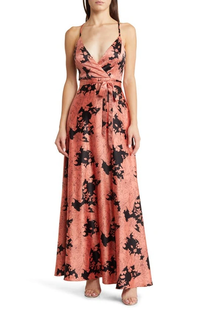 Lulus Tea Gardens Rusty Rose Floral Print Satin Maxi Dress In Rusty Rose Floral