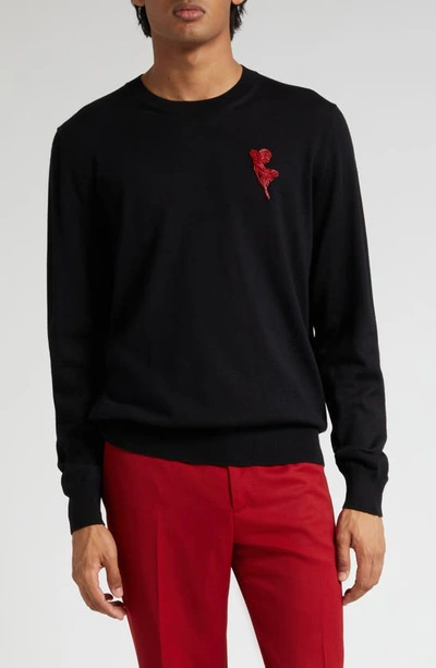 Alexander Mcqueen Embellished Crewneck Wool Sweater In Black/red