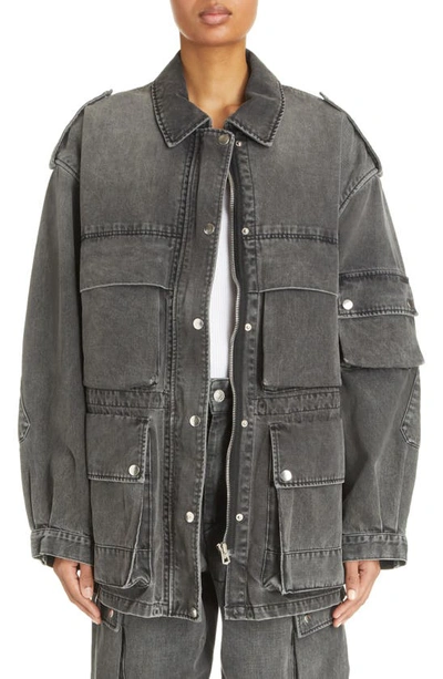 Isabel Marant Elize Denim Utility Jacket With Patch Pockets In Faded Black
