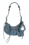 Balenciaga Le Cagole Small Denim Shoulder Bag With Rhinestones In Blue