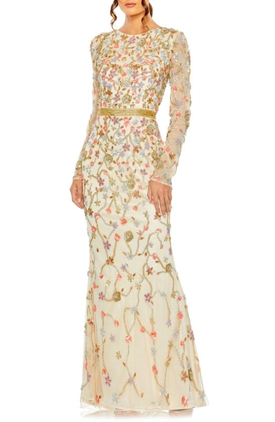 Mac Duggal Beaded Floral Long Sleeve Gown In Nude Multi