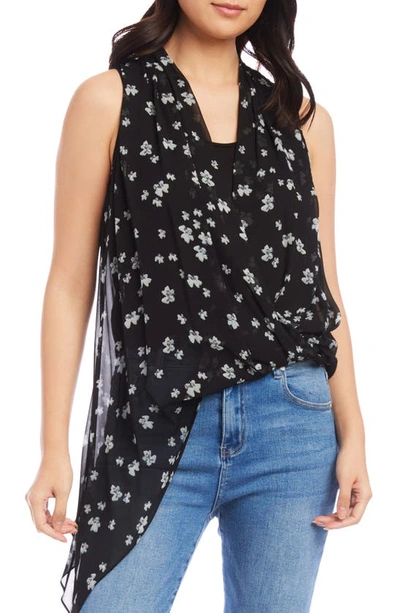 Karen Kane Floral Wrap Front Asymmetric Hem Shirt In Black/floral