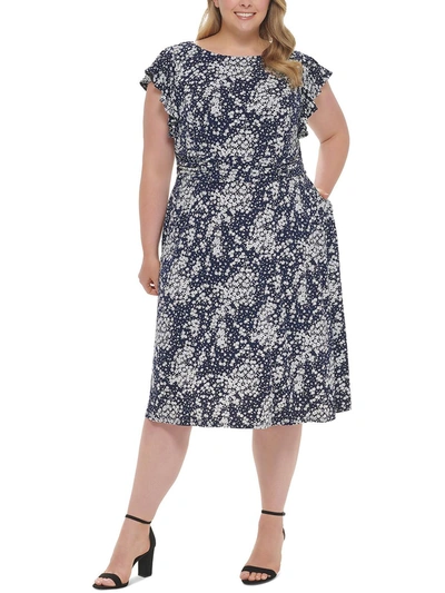 Jessica Howard Plus Womens Floral Print Mid Calf Fit & Flare Dress In Blue