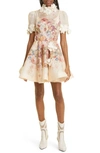 Zimmermann High Tide Lift Off Flower Linen & Silk Minidress In Morisot Cream Print