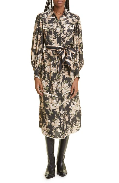 Zimmermann Floral Long Sleeve Shirtdress In Black Ivory Floral