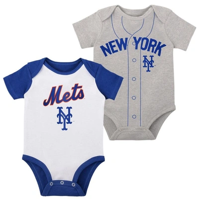 OUTERSTUFF NEWBORN & INFANT WHITE/HEATHER GRAY NEW YORK METS LITTLE SLUGGER TWO-PACK BODYSUIT SET