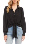 Karen Kane Tie Front Embellished Collar Cotton Button-up Shirt In Black