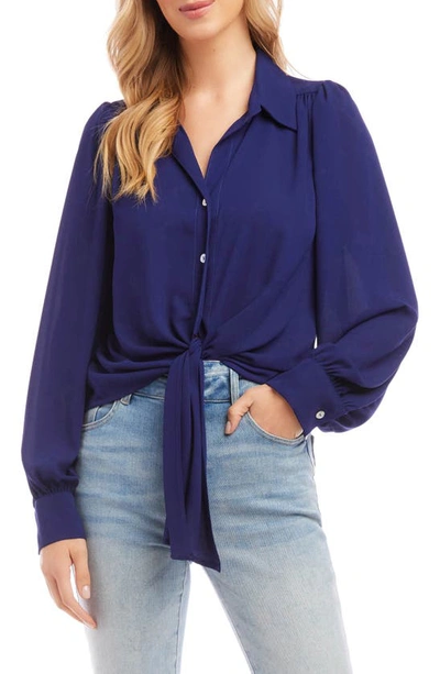 Karen Kane Tie Front Button-up Shirt In Blue