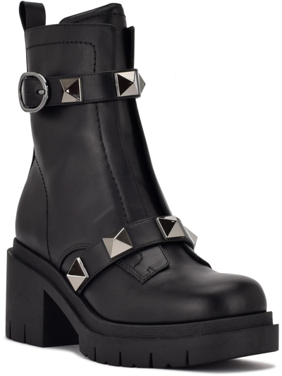 Nine West Womens Leather Studded Motorcycle Boots In Black