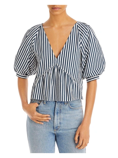 Frame Cropped Striped Puff-sleeve Top In Blue