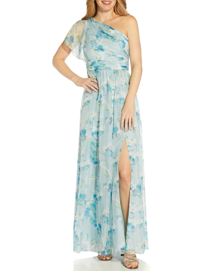 Adrianna Papell Womens Chiffon Floral Print Evening Dress In Blue