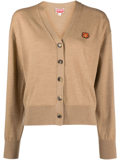 Kenzo Boke Flower Embroidered Wool Cardigan In Beige