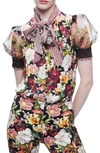 ALICE AND OLIVIA BRENTLEY FLORAL TIE NECK PUFF SLEEVE TOP