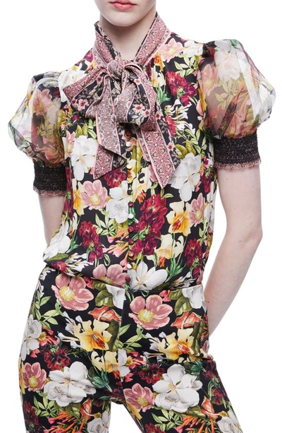 Alice And Olivia Brentley Floral-print Puff-sleeve Blouse In Juniper Floral Bl