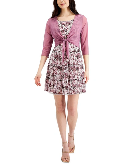 Connected Apparel Petites Womens Floral Print Knee Fit & Flare Dress In Pink