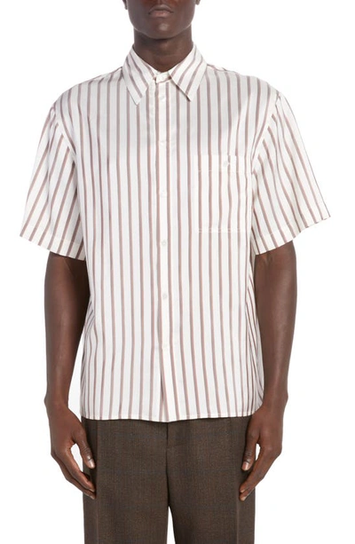 Bottega Veneta Bicolor Stripe Short Sleeve Silk Button-up Shirt In 9032 White/ Brown/ Chestnut