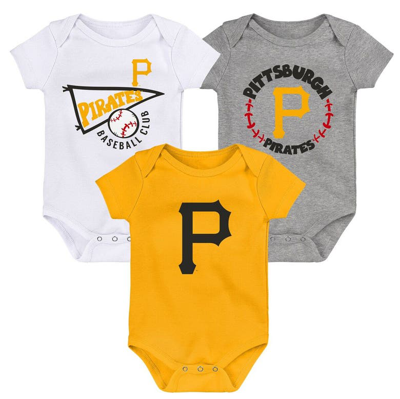 Outerstuff Babies' Infant Boys And Girls Gold, White, Heather Gray Pittsburgh Pirates Biggest Little Fan 3-pack Bodysui In Gold,white,heather Gray