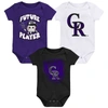 OUTERSTUFF INFANT PURPLE/BLACK/WHITE COLORADO ROCKIES MINOR LEAGUE PLAYER THREE-PACK BODYSUIT SET