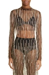 Lapointe Crystal Fringe Mesh Long-sleeve Top In Black