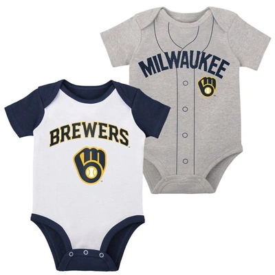 Outerstuff Babies' Newborn And Infant Boys And Girls White, Heather Gray Milwaukee Brewers Little Slugger Two-pack Body In White,heather Gray