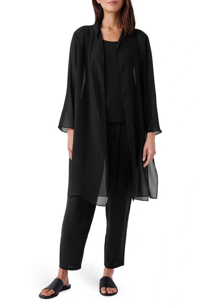 Eileen Fisher Open-front Sheer Silk Georgette Duster In Black