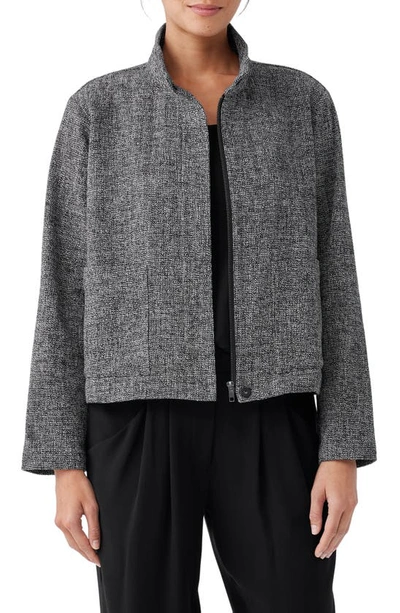 Eileen Fisher Petite Heathered Zip-front Tweed Jacket In Black