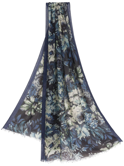 Etro Floral Printed Frayed Edge Scarf In Blue