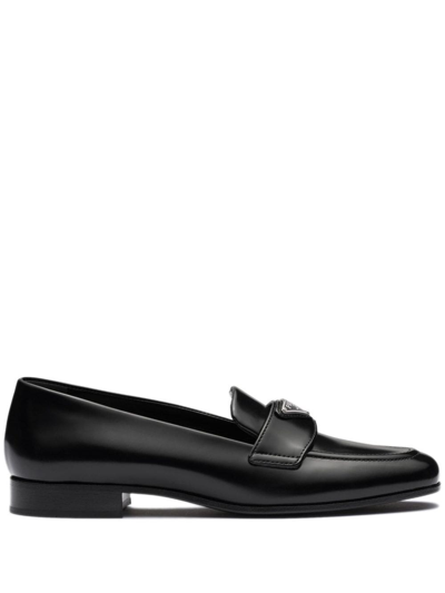 Prada Logo Plaque Brushed Leather Loafers In Black