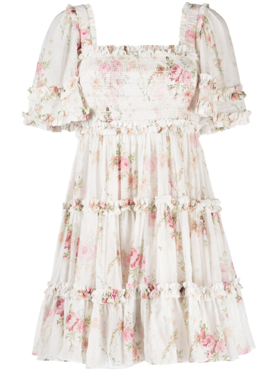 Needle & Thread Floral-print Square-neck Dress In Weiss