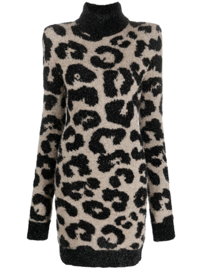 Philipp Plein Shoulder-pads Leopard-print Dress In Schwarz
