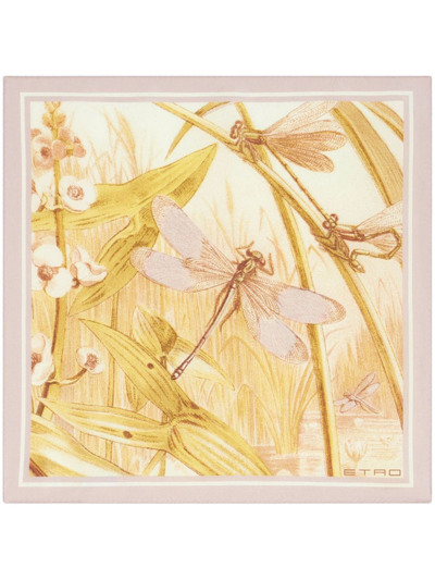 Etro Dragonfly-print Silk Pocket Square In Gelb