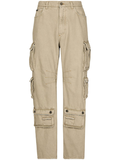 Dolce & Gabbana Multi-pocket Stretch Denim Cargo Trousers In Neutrals