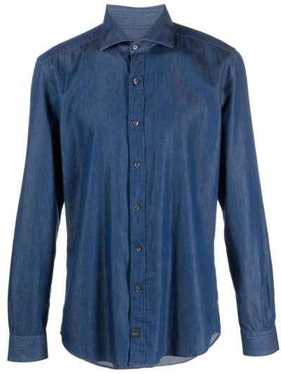 Fay French Collar Shirt In Stone-washed Denim