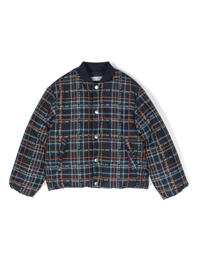 There Was One Kids' Tartan-print Padded Bomber Jacket In Blue