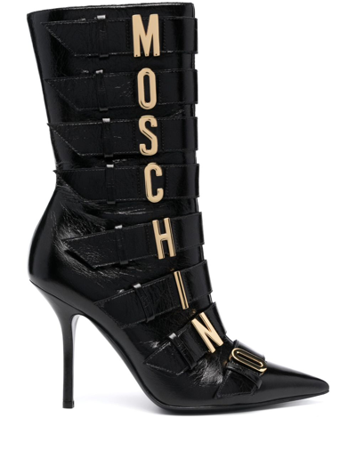Moschino 105mm Logo-plaque Leather Boots In Black