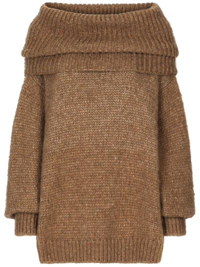 Dolce & Gabbana Ribbed Off-shoulder Dress In Brown